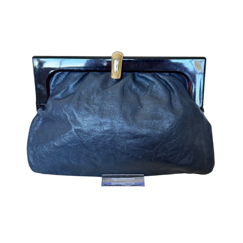 Vintage Navy Leather Clutch Made in Italy Tortoise Frame Kiss Lock Purse